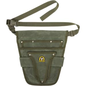 A green garden tool waist pouch with multiple pockets and a belt strap. It features a logo on the front.