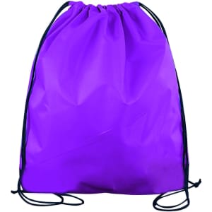 A purple polyester drawstring bag with black cords and a simple design. It features a logo.