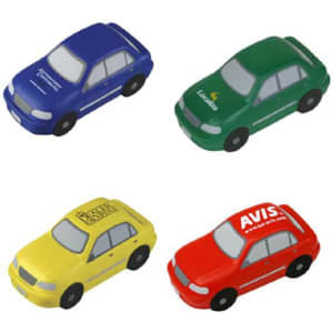 Four sedan car-shaped stress relievers in blue, green, yellow, and red, each featuring a logo on the surface.