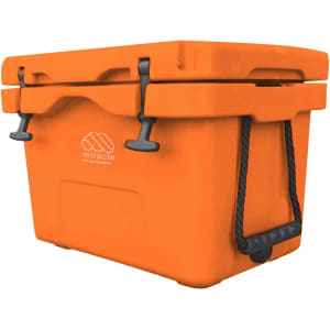 An orange 25L cooler box with a handle and latches, featuring a logo on the side.