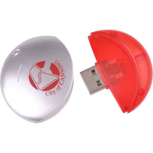A silver and red Aruna Flash Drive with a rounded design and a visible USB connector. The flash drive features a logo.