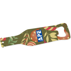 A drink bottle shape opener in vibrant green with festive patterns and a logo prominently displayed.