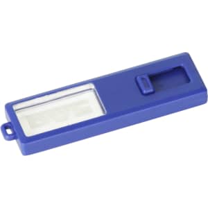 A sliding acrylic flash drive in blue, featuring a clear section and a small opening. It has a logo on it.