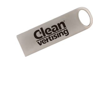 A metallic flash drive with a flat design and a hole for attaching to a keyring, featuring a logo on one side.