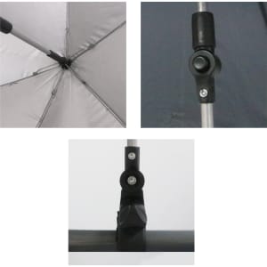 A grey adjustable umbrella with a universal clamp and metallic handle. Features close-up views of its components and mechanism.