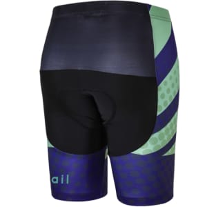 Men's sublimated cycling shorts featuring a blend of navy blue, green, and black colours with a logo on the side.