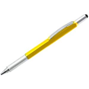 A multi-function pen in bright yellow with a silver tip and clip, featuring a stylus point.