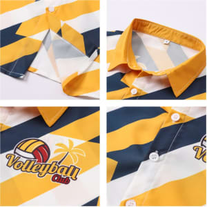 A button-up shirt featuring yellow and navy stripes, with a volleyball club logo and a tropical design.