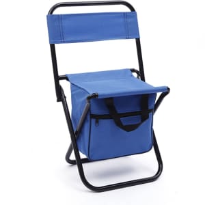 A foldable camping chair in blue with a fabric bag underneath and a black metal frame.