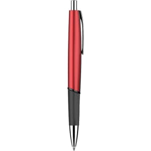 A red and black plastic pen with a shiny finish and a clip, featuring a logo.