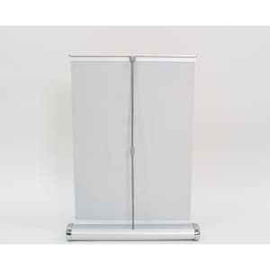 A silver and white A4 countertop pull-up banner with a sleek design, featuring a branding logo.