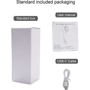 A standard packaging box for a transparent cooling fan, alongside a user manual and a USB-C cable.