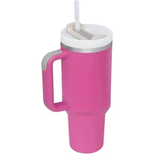 A drink bottle in bright pink with a white lid and a straw, featuring a handle for easy carrying.