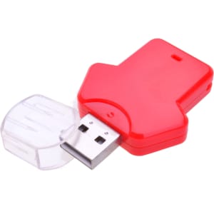A red flash drive shaped like a tee shirt, with a clear cap covering the USB connector.
