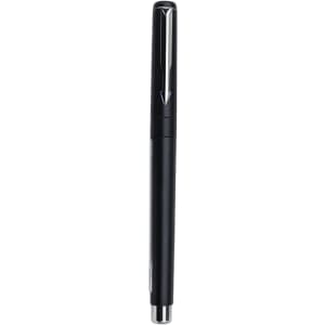 A black pen with a sleek design and a silver clip, featuring a logo.