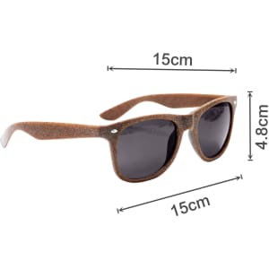 Coffee Fibre Sunglasses in brown with black lenses, measuring 15cm in width and 4.8cm in height.