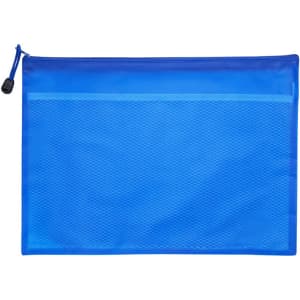 A blue A5 zippered pouch bag with a mesh panel and a drawstring closure. It features a logo.