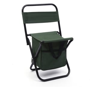 A green foldable camping chair with a black frame and attached bag for storage. It features a simple design.