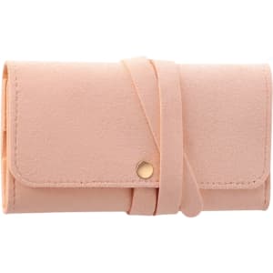 A pink synthetic leather jewellery bag, featuring a flap closure and a strap for secure fastening.
