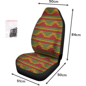 A full colour car seat cover featuring a vibrant zigzag pattern in red, yellow, and green. Includes a bag of fastening straps.