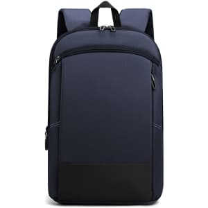 A navy blue expandable laptop backpack with two shoulder straps and multiple zippered compartments. It features a logo.