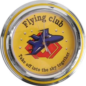A round neon wall clock with a yellow background, featuring a graphic of an aircraft and a chrome frame.