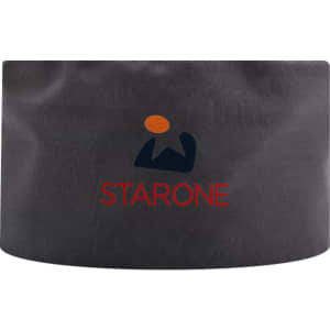 A dark grey chef skull cap featuring a logo with orange and black elements.