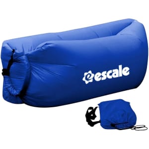 An inflatable lazy bed in vibrant blue, featuring a branded logo and a compact carry bag.
