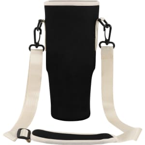 A drink bottle carrier bag in black with a cream-coloured strap and clips for easy carrying.