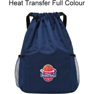 A navy blue drawstring backpack with mesh side pockets and a basketball logo on the front.