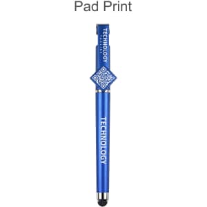 A blue pen with a QR code attachment, featuring a branding logo on the barrel.