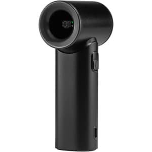 A black handheld fan with a circular head, featuring a power button and a charging port. It has a logo on the body.