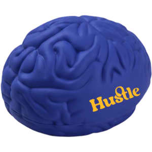 A blue brain-shaped stress reliever with textured detailing and a logo in yellow.
