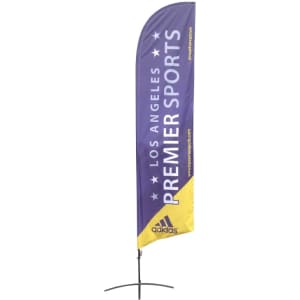 A purple and yellow angled feather banner with a logo, featuring the text "Los Angeles Premier Sports."