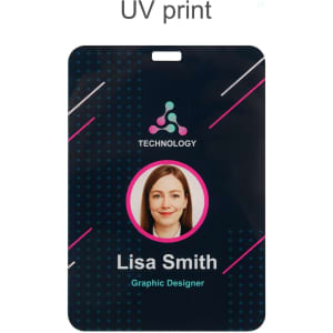 Acrylic name tag featuring a black background, a circular photo space, and a logo at the top.