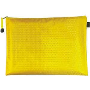 A bright yellow zip bag with a textured surface, featuring a zip closure and a small logo.