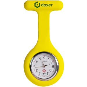 A yellow silicone nurse watch with a round dial and a logo at the top.