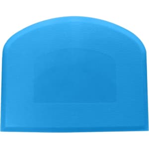 A blue flexible bowl scraper with a textured surface and rounded shape. It features a logo.