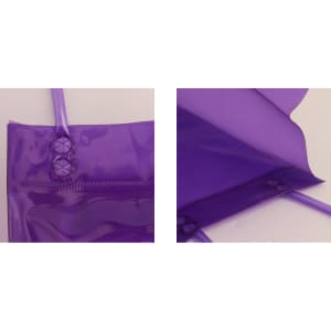 A purple PVC clear tote bag featuring snap fasteners and shoulder straps, with a glossy finish and a logo.