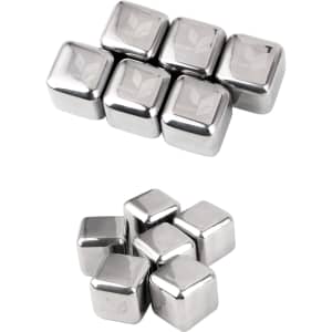 A set of stainless steel ice cubes in a shiny finish, arranged in two groups, with a small logo on some cubes.