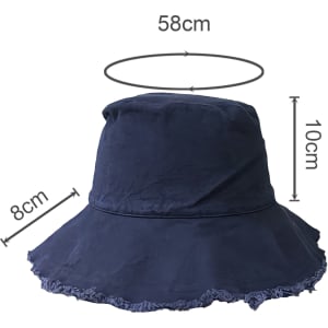 A navy blue bucket hat with a raw edge, featuring a wide brim and measurements displayed.