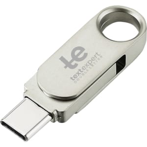 A silver Type-C flash drive with a swivel design and a logo on its surface.