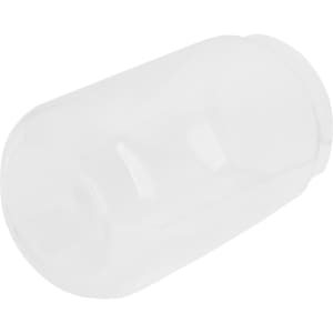 A can-shaped glass cup, clear and smooth, featuring a rounded bottom and a slightly tapered top.