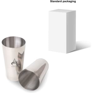 A stainless steel Boston cocktail shaker in silver, consisting of two attached sections, alongside standard packaging.