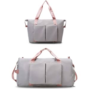 A grey foldable sports duffle bag with pink straps and front pockets, shown in two different sizes.