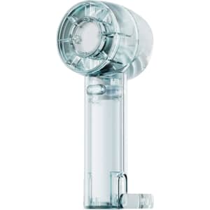 A transparent cooling fan with a sleek design, showcasing a clear plastic body and a round fan head.