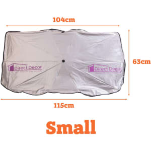 A small silver car shade umbrella with dimensions of 104cm by 63cm, featuring a logo.