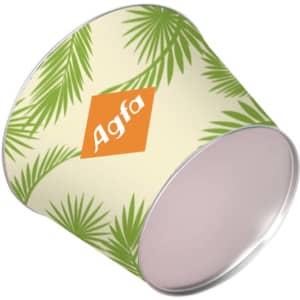 A round ice bucket with a cream background featuring green palm leaves and a logo.