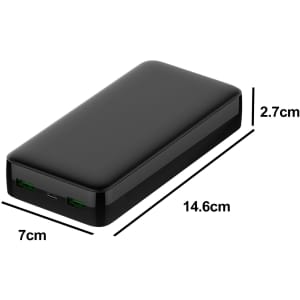 A black power bank with dimensions 14.6 cm x 7 cm x 2.7 cm, featuring multiple ports and a logo.
