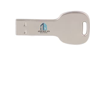 A round silver flash drive designed in the shape of a key, featuring a logo on one side.